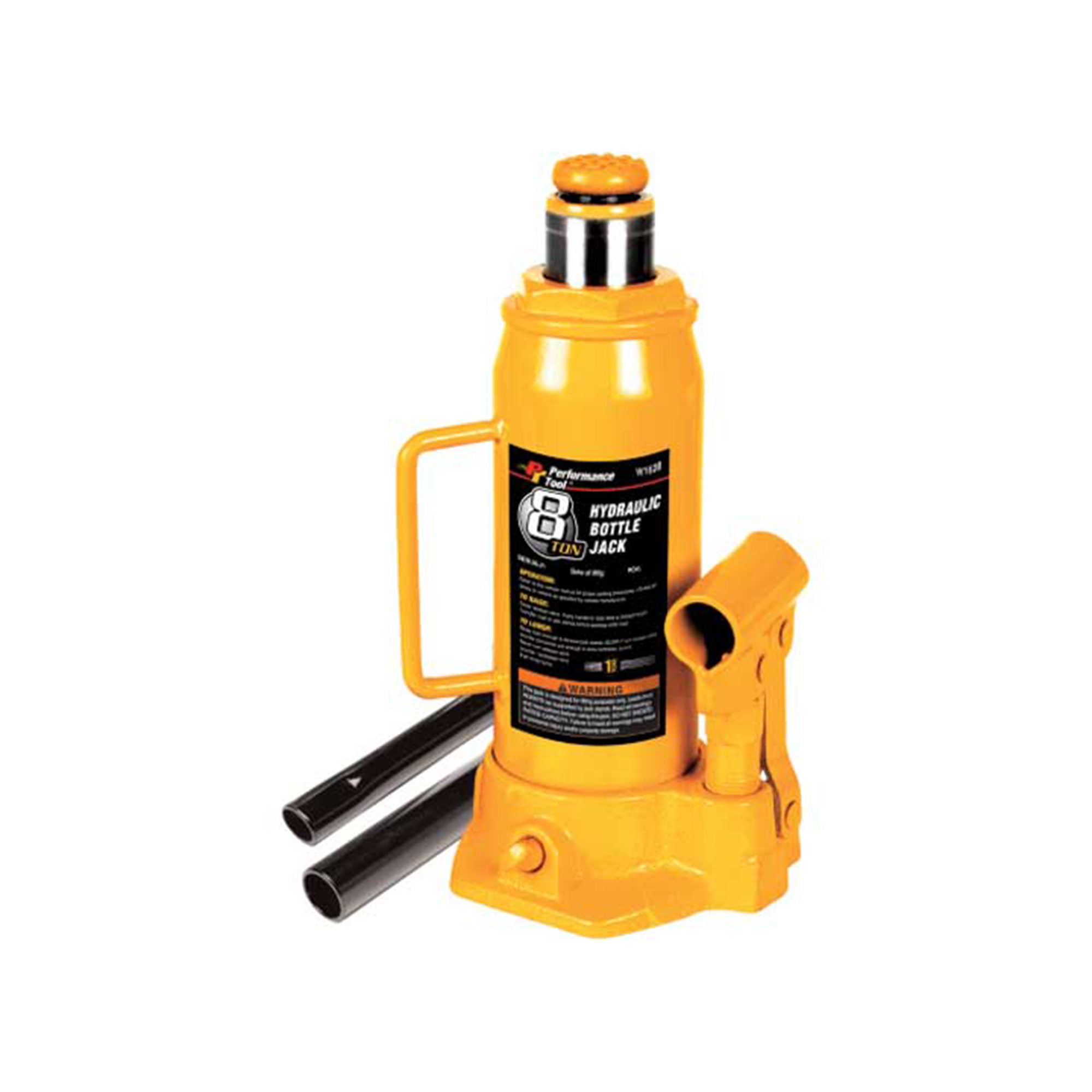 Performance Tool Hydraulic Bottle Jack — 8 Ton Capacity, Heavy-Duty Steel, Oversized Base, Welded Handle, 9-18in. Lift Range, Model# PRTW1628